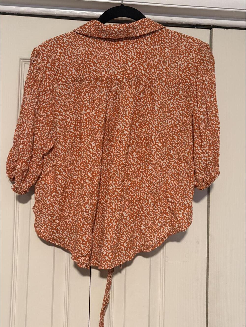 Free People Celia Print Tie-Front Button-Down Boho Blouse | Orange Animal Print - Picture 3 of 7